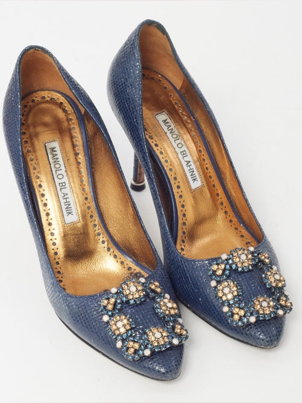 MANOLO BLAHNIK Shiny Blue Leather Hangisi 70 Pumps